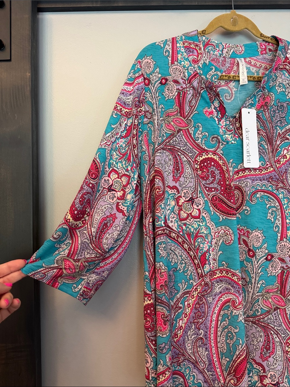 Paisley V-Neck Tunic in Teal & Pink - Picture 3 of 6